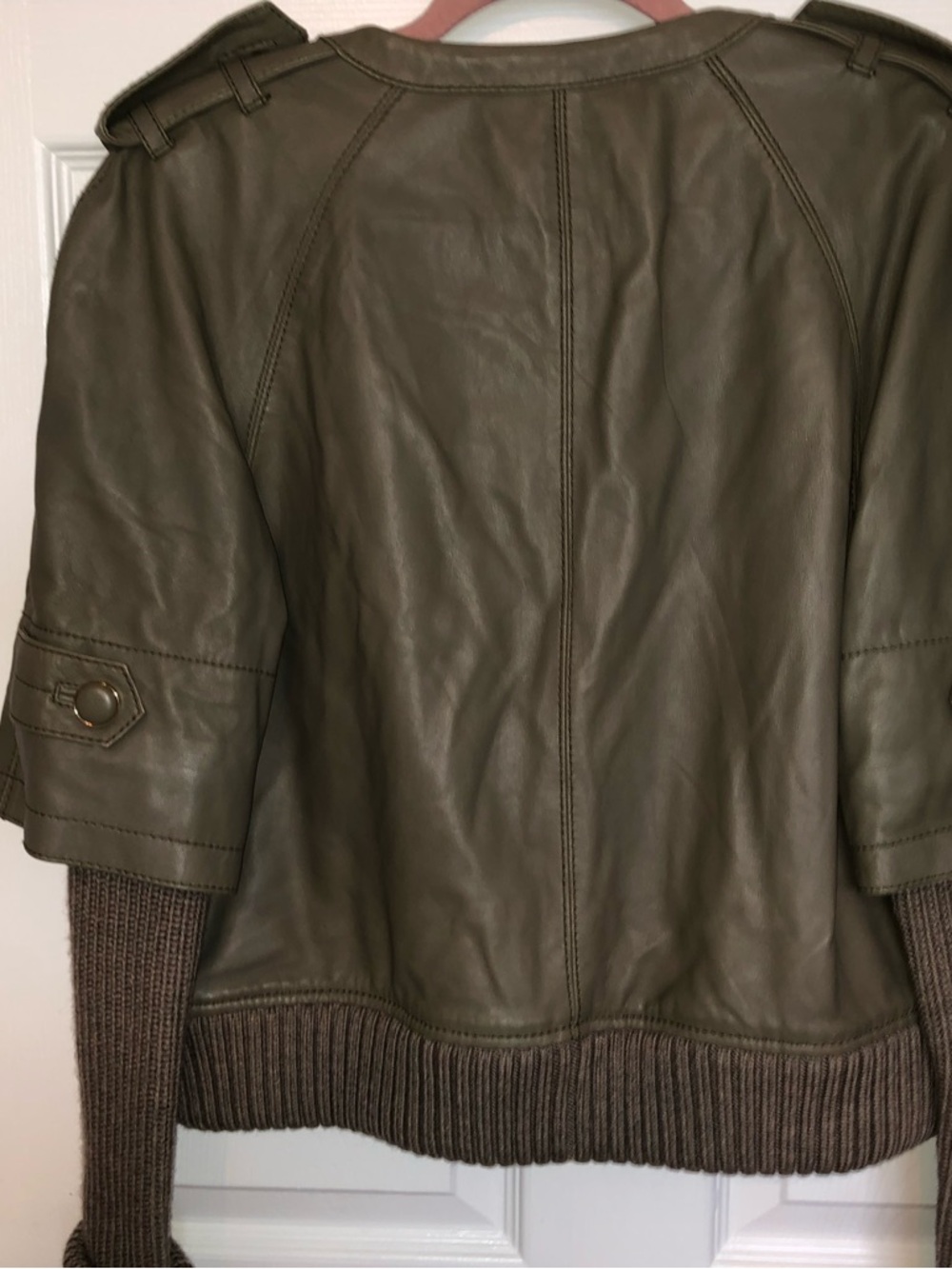 Tory Burch Olive Green Mixed-Media Leather Jacket with Knit Trim - Picture 2 of 8
